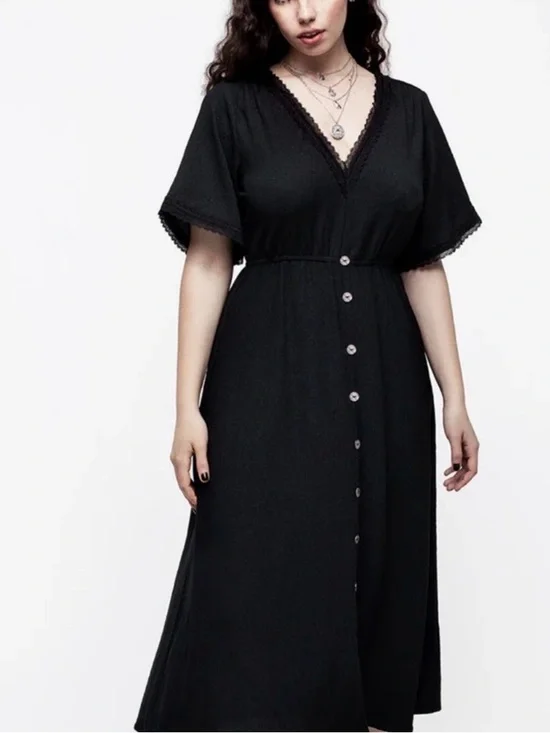 Disturbia Black Corruption Crinkle Midi Dress Goth Size 8/10 Medium - Picture 1 of 4